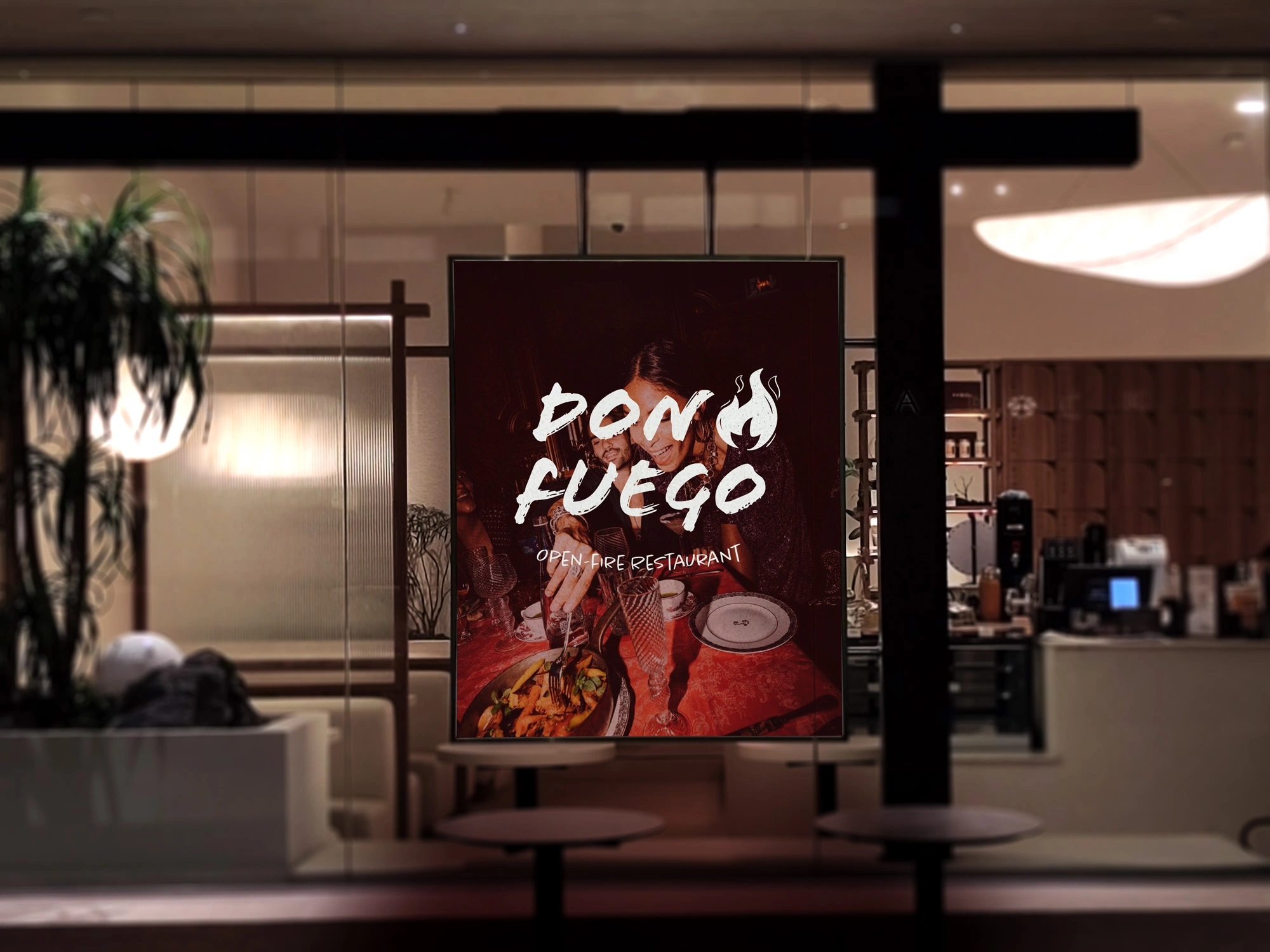 Mockup application identité visuelle Don Fuego, restaurant branding
