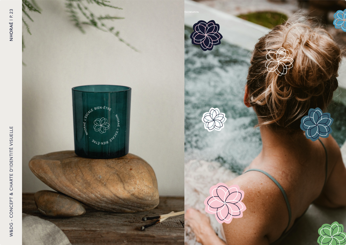 Charte graphique Nhoraé, palette bleue, typographie, identité spa actifs marins